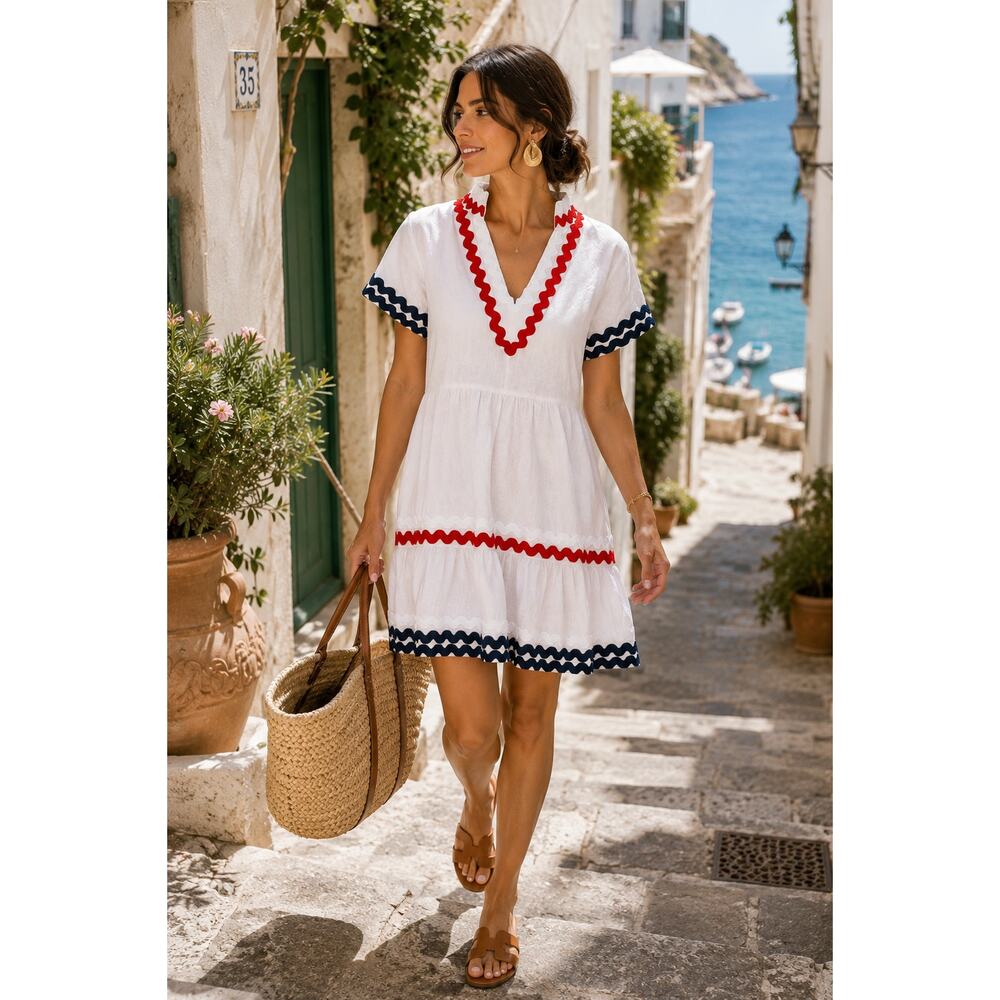 Sail to Sable White Linen Ric Rac Trim Nautical Tiered Midi Dress L NWT - Picture 4 of 9